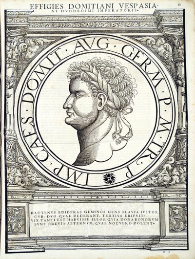 Domitianus, Illustration aus Imperatorum romanorum omnium orientalium et occidentalium verissimae imagines ex antiquis numismatis, 1559 von Hans Rudolf Manuel Deutsch